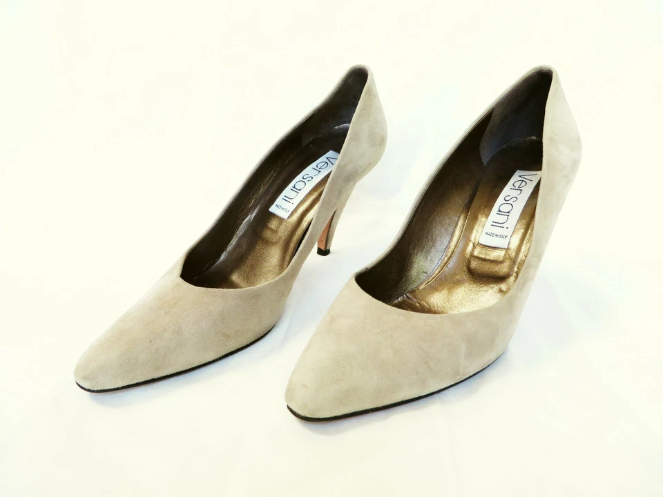 VERSANI Mujer Beige Tostado Marrón Claro Crema Gamuza Cuero Tacones 7.5 B  Foto 1 de 4