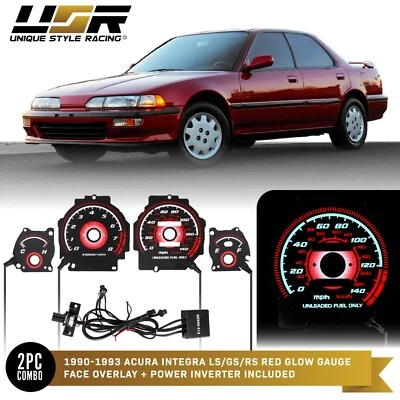 RED Glow Gauge Black Overlay For 90-93 Acura Integra LS/GS/RS Instrument Cluster Foto 1 de 4