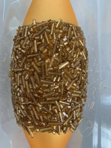 Vintage Christmas Ornament Glass Elongated Bulb Beaded Hanging Gold Color Bling - Bild 1 von 12