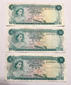 Lote de 3 billetes de 1 dólar de Bahamas 1965, Queen Elizabeth, QEII, vintage - Imagen 1 de 2