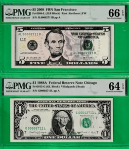 1988 A & 2009 $5 & $1 Federal Reserve Notes MATCHING LOW S/ N 00002711 PMG - Picture 1 of 2