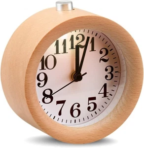 ECVISION Handmade Classic Small round Silent Table Snooze Beech Wood Alarm Clock - Picture 1 of 12