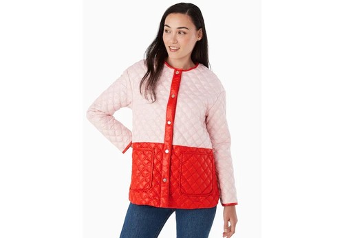 Giacca trapuntata Kate Spade rosa ciliegia nuova con etichette colore blocco taglia XS si adatta come S M