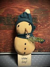 Grubby Primitive Rustic Christmas Sweet SNOW DAY Rag Doll Snowman on Block 7" 