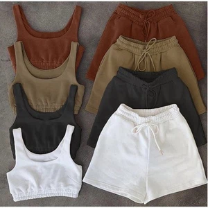 New Fashion Summer Two Piece Set Crop Top Solid Sportswear  Women Elasticity Mat - Picture 1 of 26