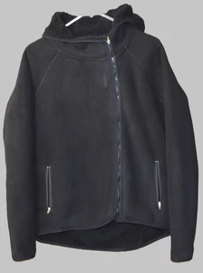 Reebok Black Sz Small Sherpa Lined Fleece Hoodie Offset Zip High Low Hem Thumb - Picture 1 of 11