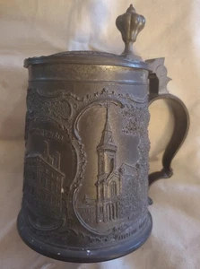c1910 3D Harvard University Cup Souvenir Glass Bottom Pewter Stein Tankard Lid - Picture 1 of 24