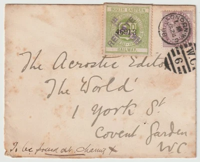 LONDRES WC6 1898 DÚPLEX 1d LILA Y FERROCARRIL DEL SUDESTE 2d VERDE A CONVENTO GDN Foto 1 de 3