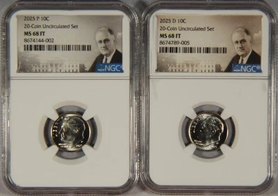 2 монеты 2025-P &-D Рузвельт десятицентовик NGC MS68 FT от 20 монет не бывшие в обращении набор 10c - Изображение 1 из 3