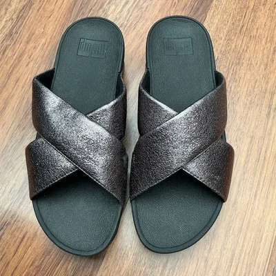 FITFLOP Lulu Molten Metal Pewter Cross Slide Sandals Size 6/39 BNWT - Image 1 of 4