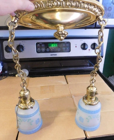 ANTIQUE BRASS DOUBLE HANGING CEILING LIGHT W/FROSTED BLUE GREEN GLOBES Cover