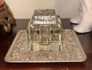 INKWELL Sterling Silver JE Caldwell Crystal Glass Reservoir Antique Plate 5.5” - Picture 1 of 8