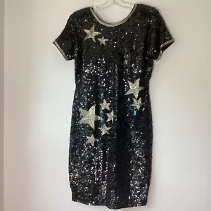 Vintage Sequin Dress Party Stars Black Silver I.MAGNIN Sz 8 - Picture 1 of 11