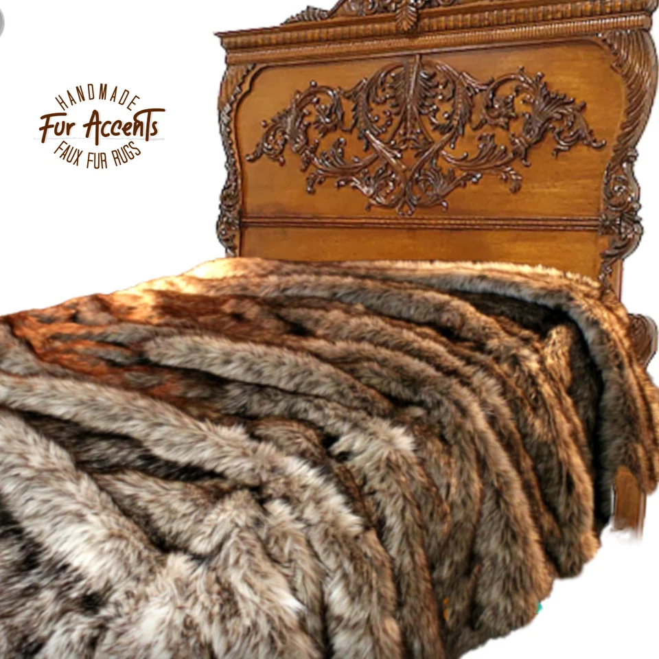 Faux Fur Tan Wolf, Bedspread, Minky Cuddle Fur Lining, Handmade, Fur Accents USA - Image 1 of 4