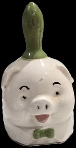  Green Handle Pig With Bow Tie Dinner Bell  Ceramic Kitschy Farmhouse 3.5 In.  - Picture 1 of 2