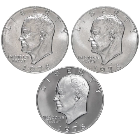 1978 P D S Eisenhower Dollar Year Set Clad Proof & BU US 3 Coin Lot Cover