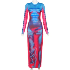 NEW Women Multicolored 3D Body Printing Long Sleeve O-Neck Maxi Dress #L - Picture 1 of 9