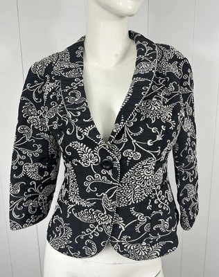 复古 CABI Eliza Brocade 挂毯外套夹克女式 8 码黑色奶油色花卉 — 第 1/4 张图片