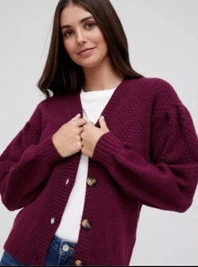 Women's Textured V Neck Cardigan Plum Oversized Cardigan with buttons Size 8 - Picture 1 of 5