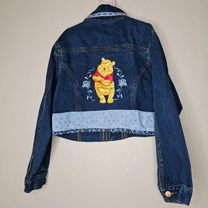 Y2K Vintage Disney Kids Girls Large Denim Jacket Winnie The Pooh Floral Trim - Picture 1 of 6