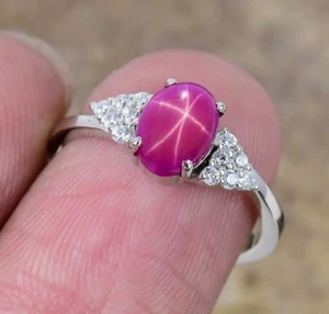 Pink Lindy Star Sapphire Ring, Moissanite Ring, Solid 925 Sterling Silver Ring - Picture 1 of 3