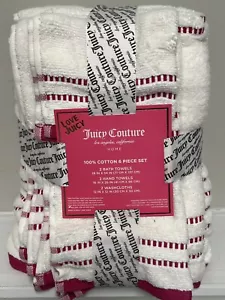 JUICY COUTURE 6~ Piece TOWEL SET WHITE W/HOT PINK Block Print 100% cotton NWT - Picture 1 of 4