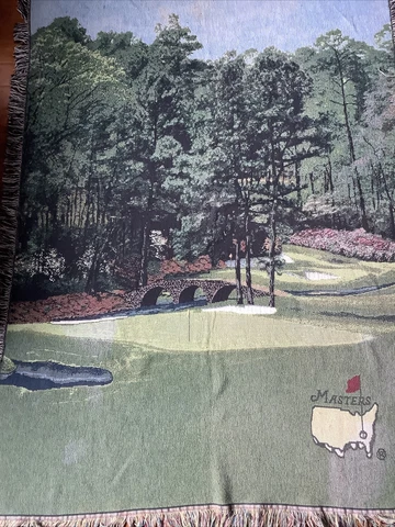 Vintage Masters Golf Tournament Augusta Knit Blanket w/ Fringe 52 x 72 Cover