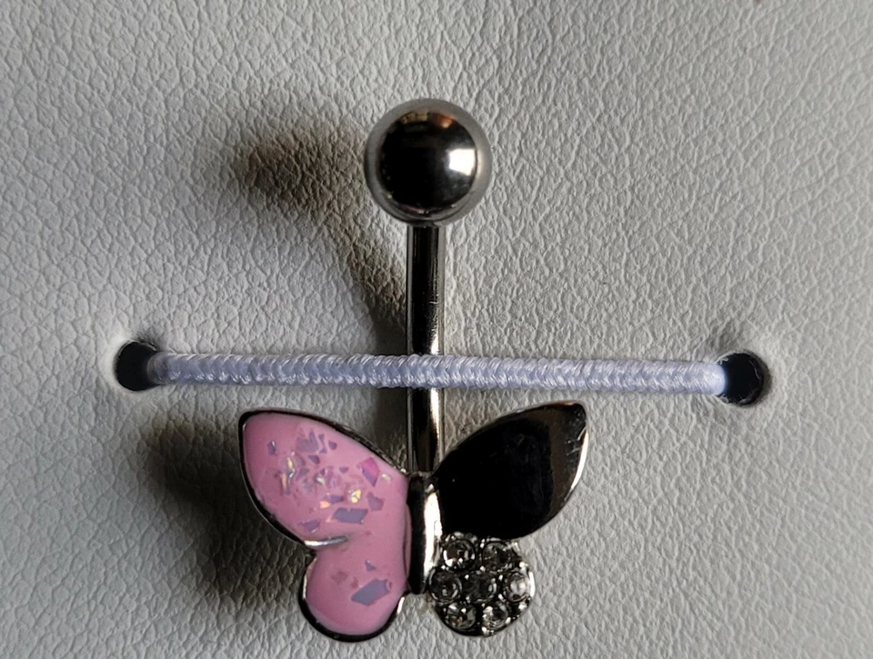 Butterfly Opal Glitter Filled Crystal Paved Wings 316L Surg. Steel Belly Button  - Image 1 of 1