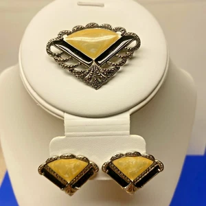 Vintage Art Deco Style Fan Enamel Filigree Victorian Brooch & Earrings SET - Picture 1 of 20