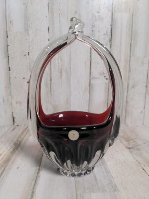 Ruby Red Glass Basket With Clear Handle Murano Style made in Romania - Image 1 of 4