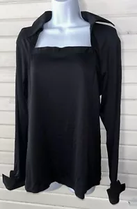 NWT QVC Dialogue Sz MEDIUM Black Nylon Knit Blouse w/ Woven Collar & Cuffs - Picture 1 of 9