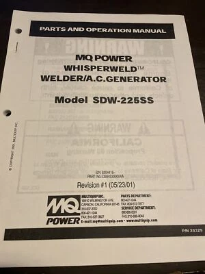 WHISPERWELD SDW-225SS OPERATING INSTRUCTIONS PARTS MANUAL MQ Multiquip Welder - Image 1 of 4