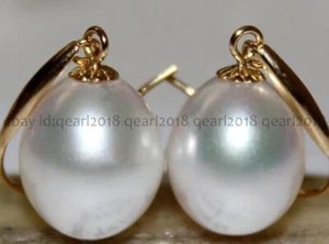 Pendientes colgantes de perlas blancas naturales genuinas del Mar del Sur de oro amarillo de 14K de 10-11 mm - Imagen 1 de 6