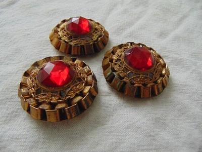 antique Victorian faceted red crystal layered metal buttons set of 3 - Image 1 of 4