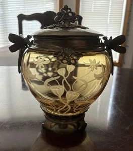 Urna vaso vetro inciso libellula Art Nouveau bronzo Polonia castigliana con coperchio - Foto 1 di 11