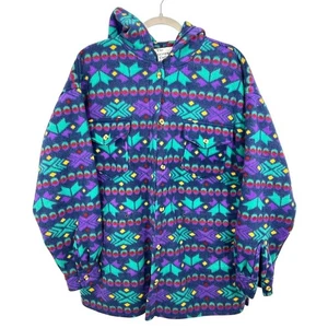 Vintage 90s The Incrowd Collection Fleece Hooded Shirt Jacket Aztec Pattern - Picture 1 of 6