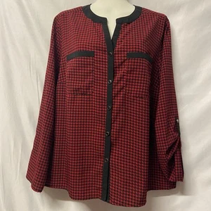 Elementz Top Blouse Button Up PXL Petite Red Black Roll Tab Sleeves - Picture 1 of 10