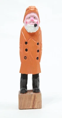Wooden Carving of Sea Captain Fishermen Orange Coat Pipe Wood Figurine - Image 1 of 4