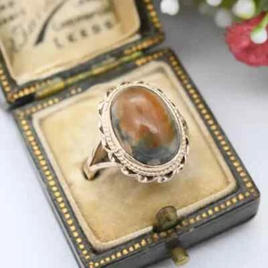 Vintage Ring 9 kt Gold Moosachat - Statement Mid Century groß grün und orange - Bild 1 von 9
