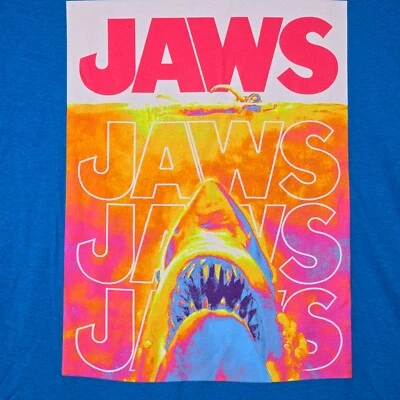JAWS Shirt Mens Large Blue Orange Casual Movie Film Shark Poster Swimmer NWT - Image 1 of 4