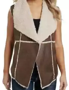 Cripple Creek Open Western Faux Shearling/Suede Vest Brown Large - Picture 1 of 12