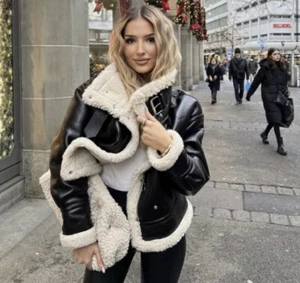 zara faux leather fleece collar jacket / leather Fleece Moto CEO Jacket L RARE - Picture 1 of 11