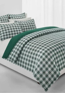 Ralph Lauren Flannel Ulster Plaid Green White Full Queen Duvet Cover & Shams Set - Picture 1 of 8