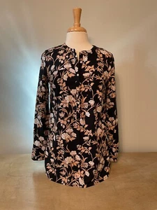 Merona Floral Long Sleeve Black & Tan Tunic, Size S, Small, EUC - Picture 1 of 15