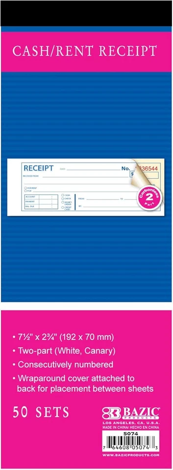 Cash / Rent Carbonless Receipt Book 2 Part 50 Sets Money Record Booklet C014