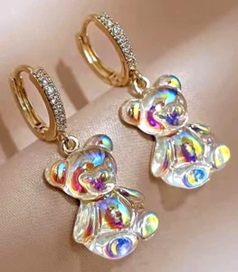Adorables Pendientes Betsey Johnson Colgantes Oro Transparente Estrás Oso de Peluche - Imagen 1 de 13