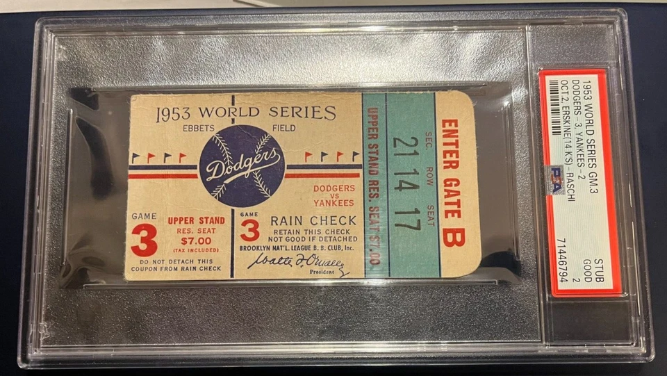 1953 年世界系列赛 3 号门票存根 PSA 2-Erskine 套装 WS Strikeout Record 带 14 — 第 1/2 张图片