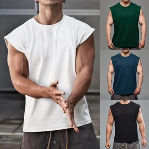 Mens Sleeveless Muscle Tee Cotton Solid Blank Tank T Shirt Hot Summer Gym Top - Picture 1 of 21