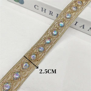 Sequin Embroidered Ribbon Trim Gold Line Sewing Accessory Vintage Ethnic Costume - Picture 1 of 11