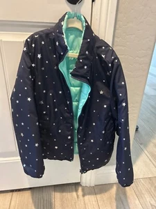 GAP KIDS GIRL LIGHTWEIGHT BLUE STARS TEAL REVERSIBLE M Jacket Coat - Picture 1 of 7